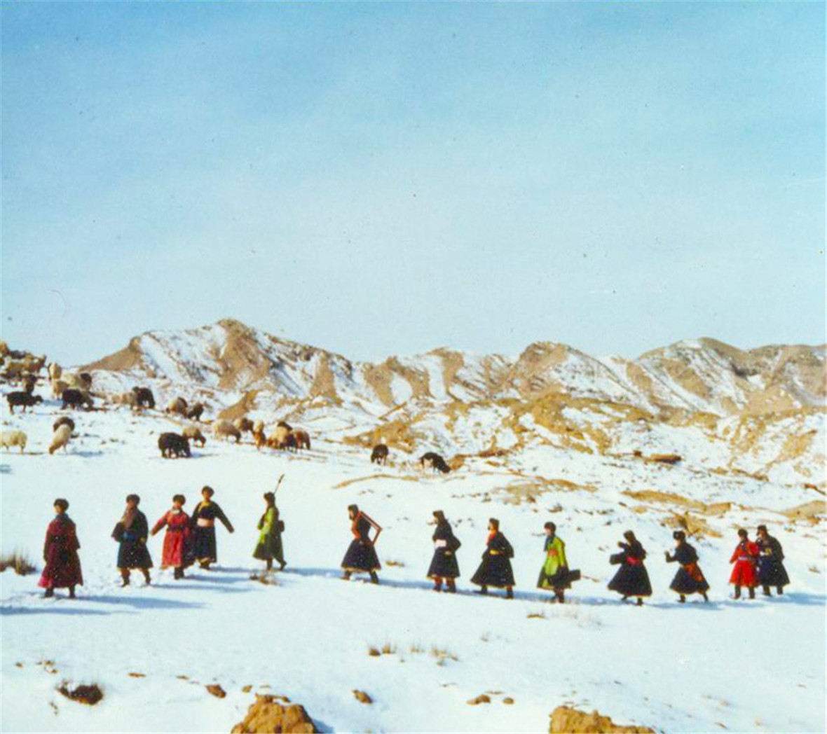 上世纪70年代鄂托克旗乌兰牧骑队员雪天徒步送演出.jpg